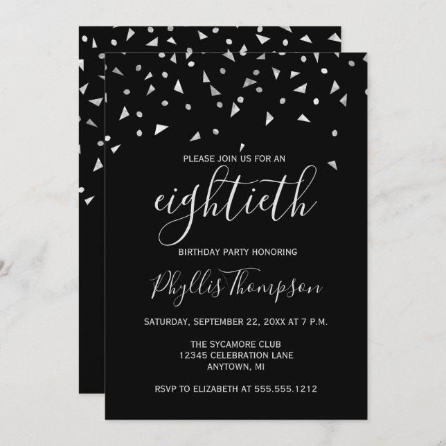 Convite Prata Confetti na Festa de aniversário 80 (Frente/Verso)