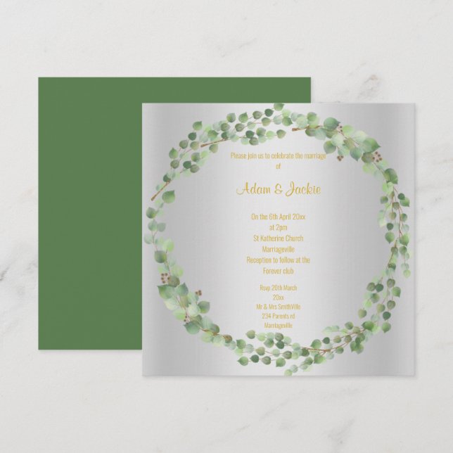 Convite Prata de Casamento Eucalyptus Cheio Elegante (Frente/Verso)