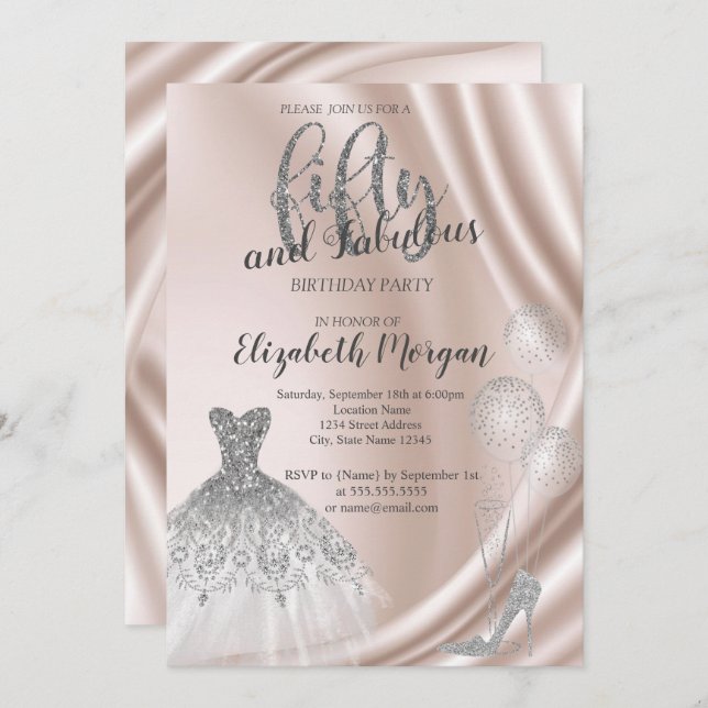 Convite Prata de salto alto, vestir 50ª Festa de aniversár (Frente/Verso)