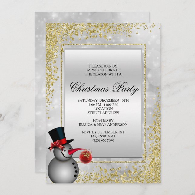 Convite Prata Decorativa Snowman e Dourado Natal (Frente/Verso)