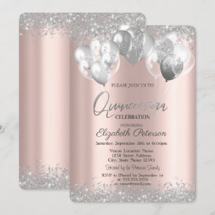 Convite Prata Diamantes Balões Dourado Rosa Quinceañera