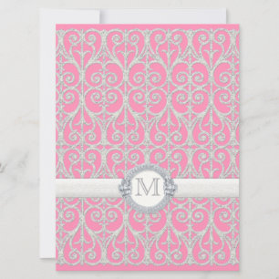 Convite Prata, diamantes & laço cor-de-rosa, casamento