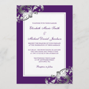 Convite Prata do falso e redemoinhos roxos do Flourish que