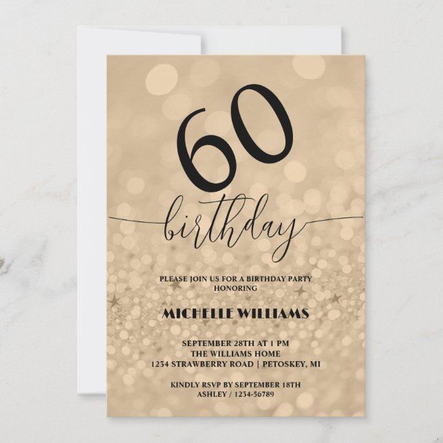 Convite Prata Dourado Glitter Caligrafia Aniversário (Frente)