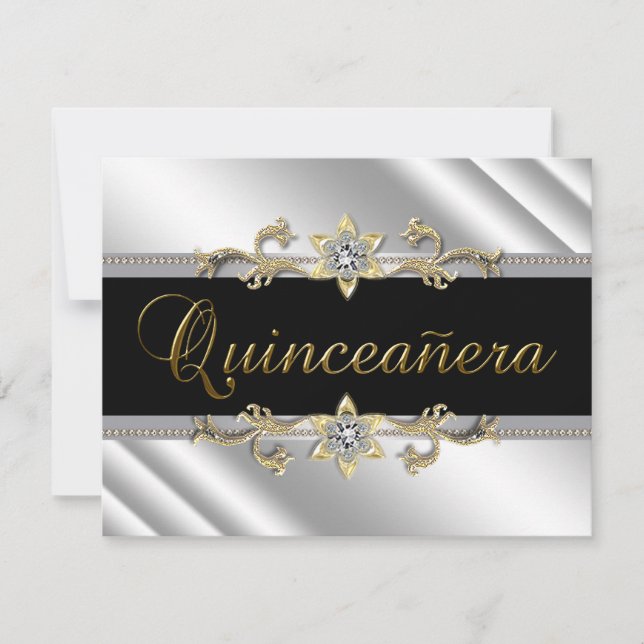 Convite Prata Dourado Preto Quinceanera (Frente)