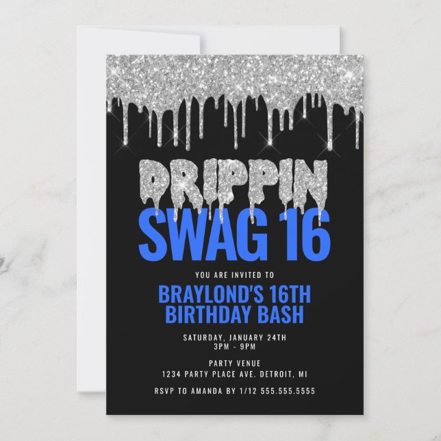 Convite Prata e Blue Drippin Swag 16 Aniversário (Frente)