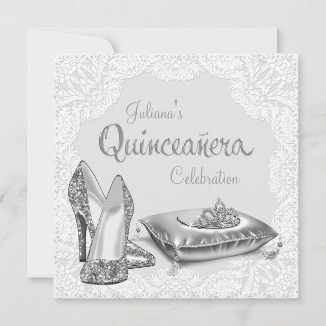 Convite Prata e Princesa Branca Quinceanera (Frente)