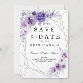 Convite Prata e Roxo Salve a Data Quinceañera