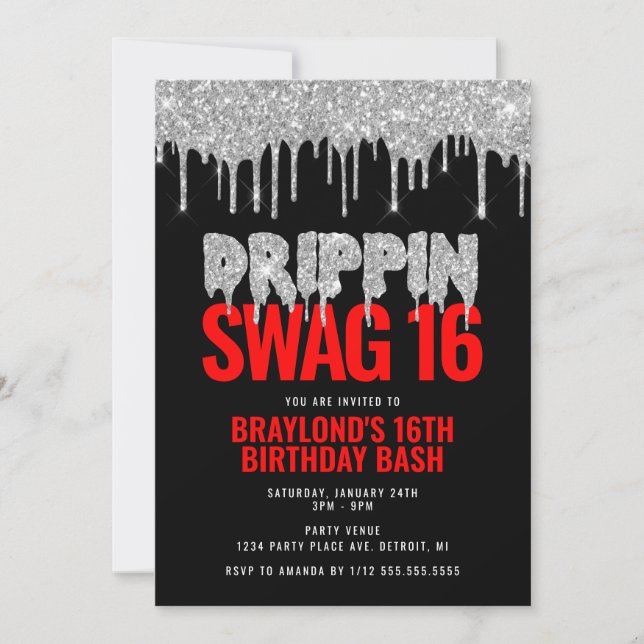 Convite Prata e Vermelho Drippin Swag 16 Aniversário  (Frente)