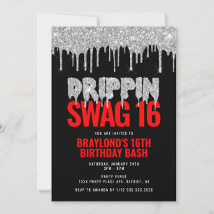 Convite Prata e Vermelho Drippin Swag 16 Aniversário 