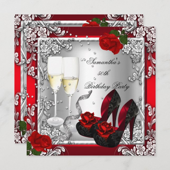 Convite Prata Elegante de Rosas vermelhas da 50ª Festa de  (Frente/Verso)