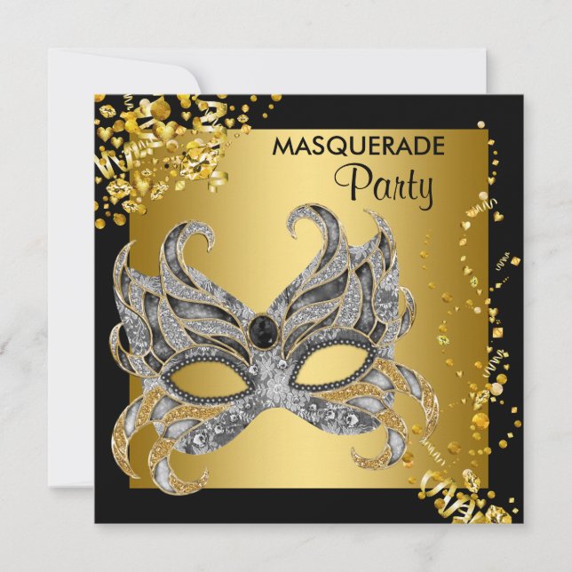 Convite Prata Elegante e Partido Mascarada Dourado (Frente)
