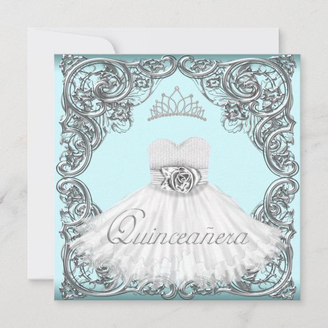 Convite Prata Elegante e Quinceanera Azul Teal (Frente)