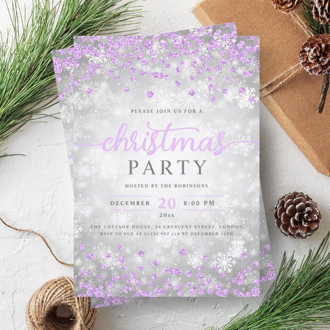 Convite Prata Elegante Inverno Diamantes de Natal Roxo (Elegant Silver Winter Diamonds Christmas Purple Invitation)