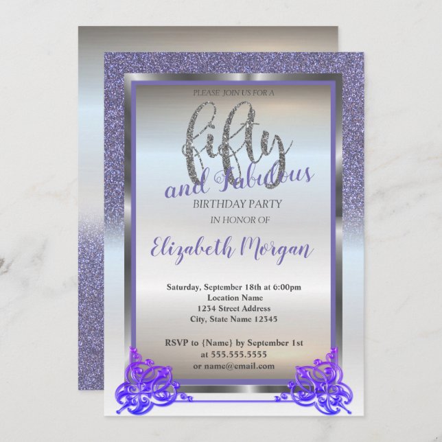 Convite Prata elegante, violeta brilhante 50ª Festa de ani (Frente/Verso)
