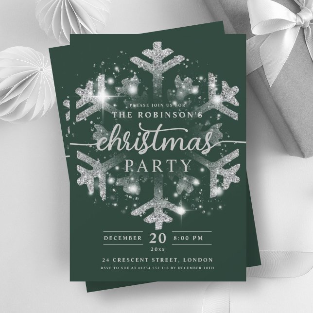 Convite Prata festiva Inverno Floco de Neve Floco de Natal (Festive Silver Winter Snowflake Christmas Green Invitation)