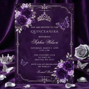 Convite Prata Floral Borboleta Roxa Quinceañera