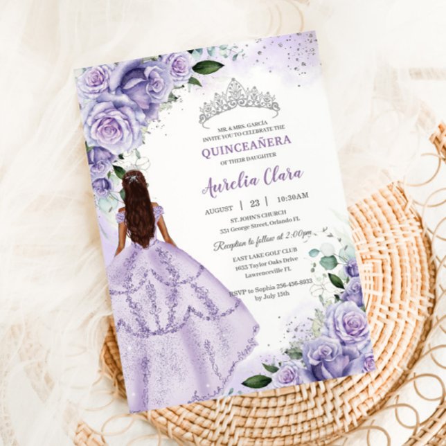 Convite Prata Floral de Lavanda Roxa Quinceañera Sweet 16 (lavender-lilac-purple-floral-quinceanera-princess-dress-silver-15-sweet-16-birthday-invitation-card)