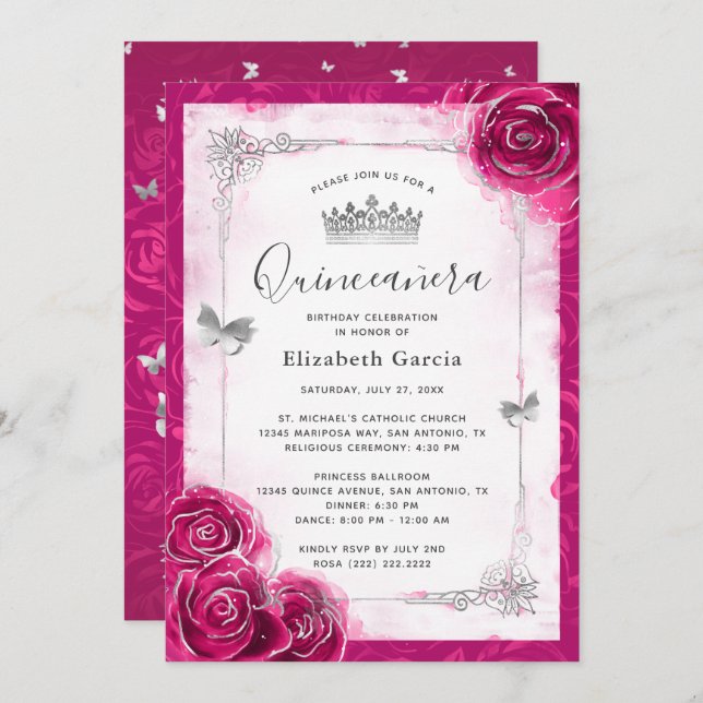 Convite Prata Floral Elegante e Fuchsia Quinceanera (Frente/Verso)