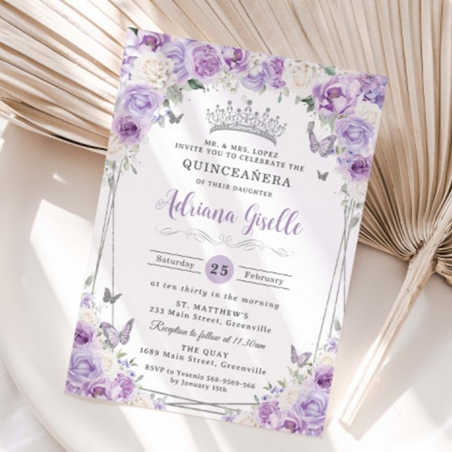 Convite Prata Floral Púrpura Lilac Branca Quinceañera XV 1 (Criador carregado)
