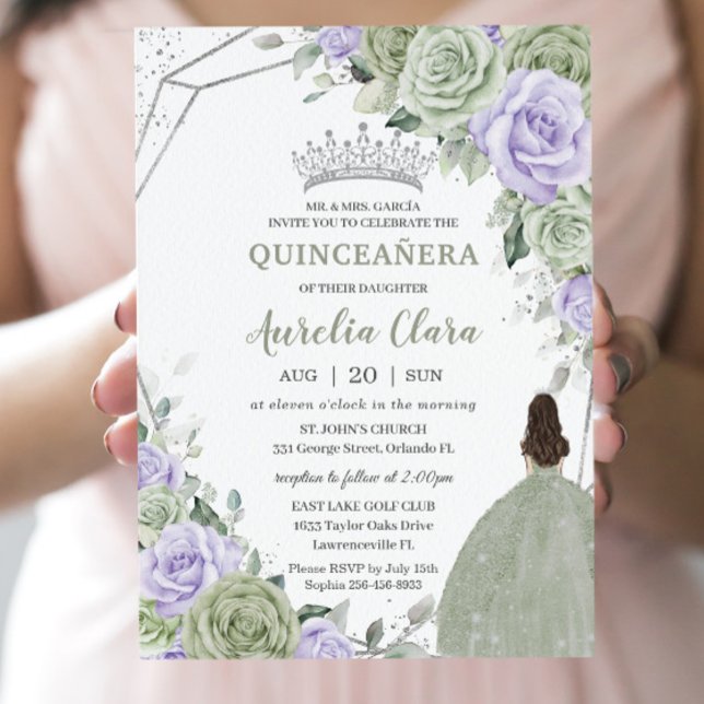 Convite Prata Floral Púrpura Suave Quinceañera (Criador carregado)