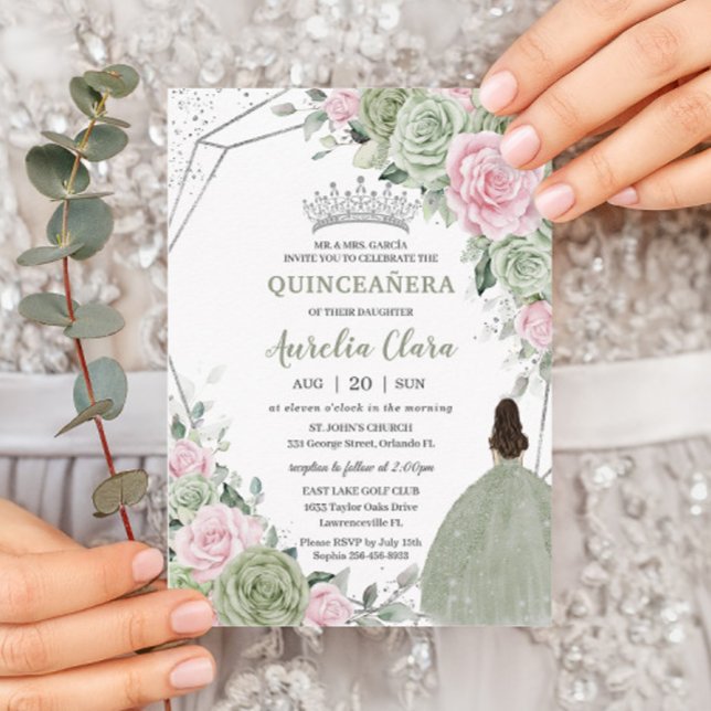 Convite Prata Floral Verde Rosa Suave Quinceañera (Criador carregado)