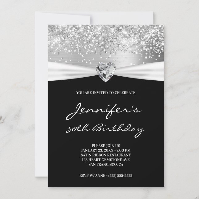 Convite Prata Glitter Foil Gem Coração Aniversário de 50 a (Frente)