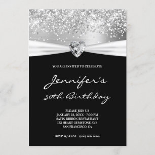Convite Prata Glitter Foil Gem Coração Aniversário de 50 a