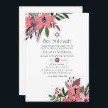 Convite Prata Grandeur Moderna e Bat Floral Rosa Mitzvah<br><div class="desc">Flores silvestres,  flores silvestres morcegos e brilhantes convidam com a tipografia moderna que apresenta verde e bagas vermelhas.</div>