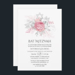 Convite Prata Iridescente e Bat Floral Rosa Mitzvah<br><div class="desc">Um convite simples,  cor-de-rosa e rosa prateado bat mitzvah,  personalizável para suas especificidades de evento.</div>