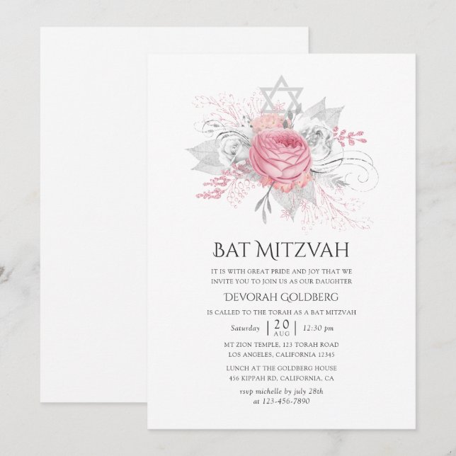 Convite Prata Iridescente e Rosa Floral Bat Mitzvah (Frente/Verso)