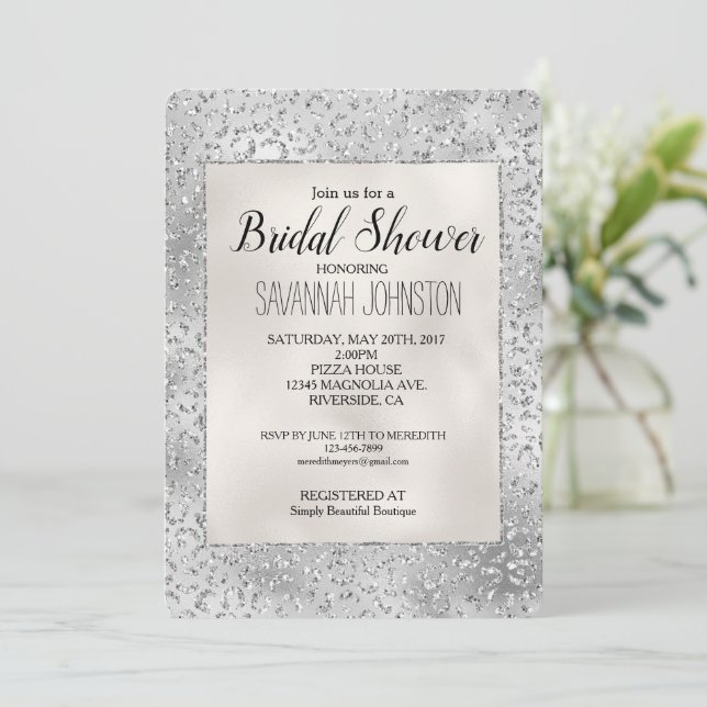 Convite Prata Leopardo Imprime Luxo Bridal   (Em pé/Frente)