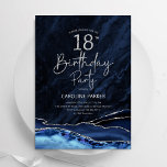 Convite Prata Marinho Azul 18º Aniversário<br><div class="desc">Marinho azul e prata agate 18º convite de aniversário. Elegante design moderno com cor azul-real de água agate marble geode fundo, faux glitter prata e script de tipografia. Trendy convida o cartão perfeito para uma comemoração de dia das mulheres na moda. Impressos convites Zazzle ou modelo de impressão digital instantânea...</div>
