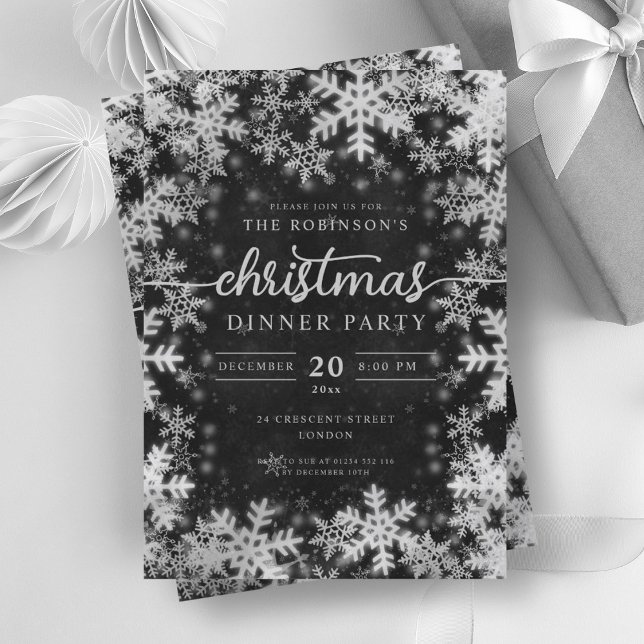Convite Prata Moderna de inverno Maravilha Preta (Modern Silver Winter Wonderland Christmas Black Invitation)