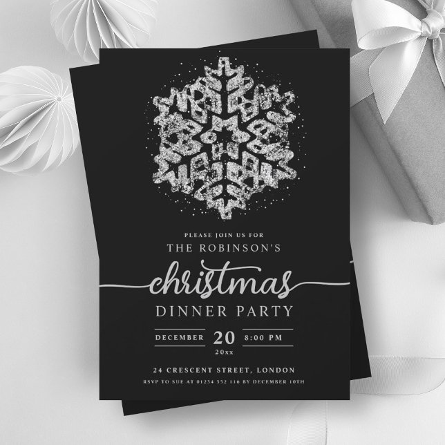 Convite Prata Moderna Inverno Floco de Neve Negro Natal (Modern Silver Winter Snowflake Christmas Black Invitation)