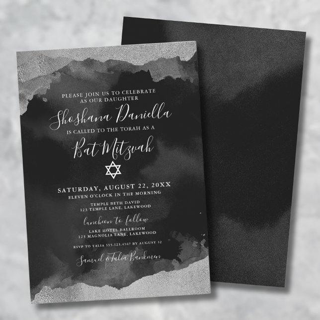 Convite Prata Negra Judia Watercolor Mitzvah (Bat Mitzvah Girl Black Silver Watercolor Jewish Invitation)