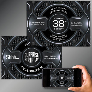 Convite Prata Negra Qualquer Festa de aniversário Surpresa