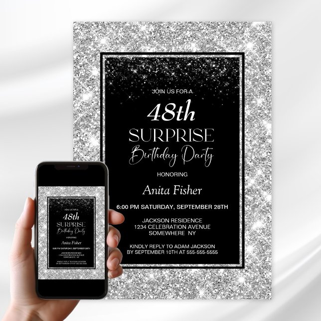 Convite Prata Negra Qualquer Festa de aniversário Surpresa (Criador carregado)