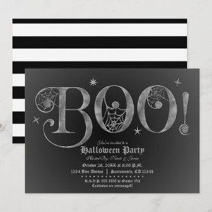 Convite Prata & Preto BOO Festa de Halloween Elegante