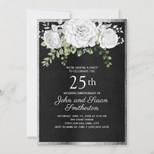 Convite Prata Preto Floral Branco 25º Aniversário de Casam