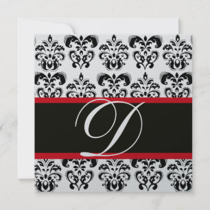 Convite PRATA & PRETO VERMELHO DAMASCO MONOGRAMA , branc