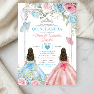 Convite Prata Rosa & Azul Pastel Borboleta Quinceañera