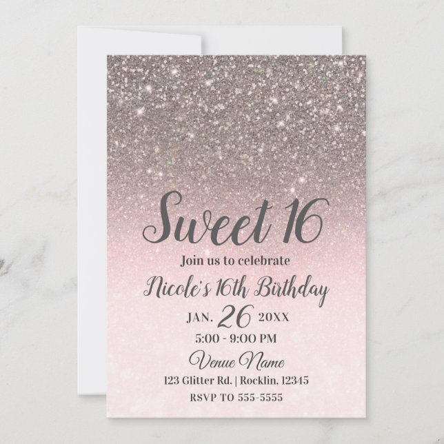 Convite Prata & Rosa Bege Brilho Brilho Glam Sweet 16 (Frente)