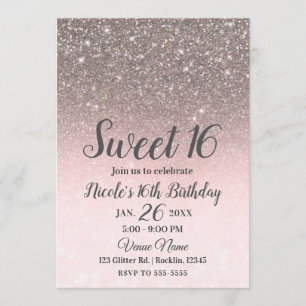 Convite Prata & Rosa Bege Brilho Brilho Glam Sweet 16