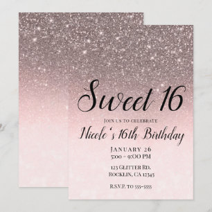 Convite Prata & Rosa Bege Brilho Brilho Glam Sweet 16
