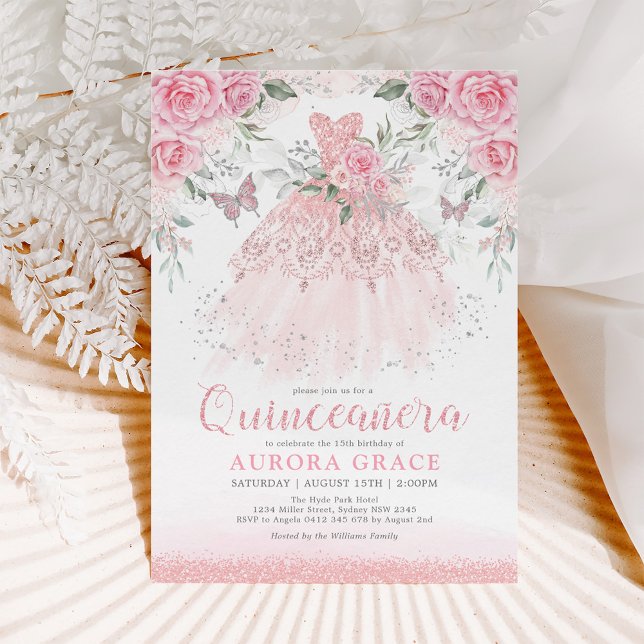 Convite Prata rosa bonito Quinceañera Princesa Vestida (Criador carregado)
