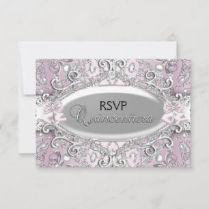 Convite Prata & Rosa Damask Pérola Quinceanera RSVP