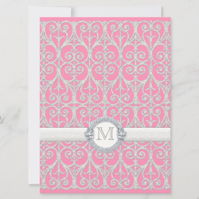 Convite Prata Rosa, Diamantes e rendas, Casamento Monogram (Frente)