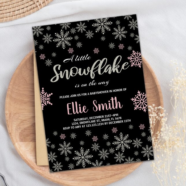 Convite Prata-Rosa Negra, Inverno, Bebê-Chuva (Black Pink Silver Winter Baby Shower Invitations)