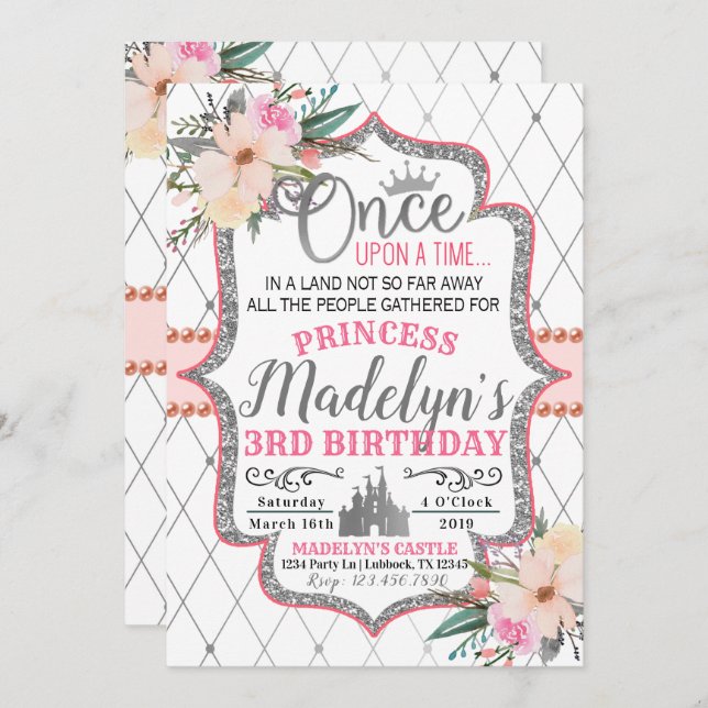 Convite Prata rosa Prata Floral Princesa Aniversário Convi (Frente/Verso)